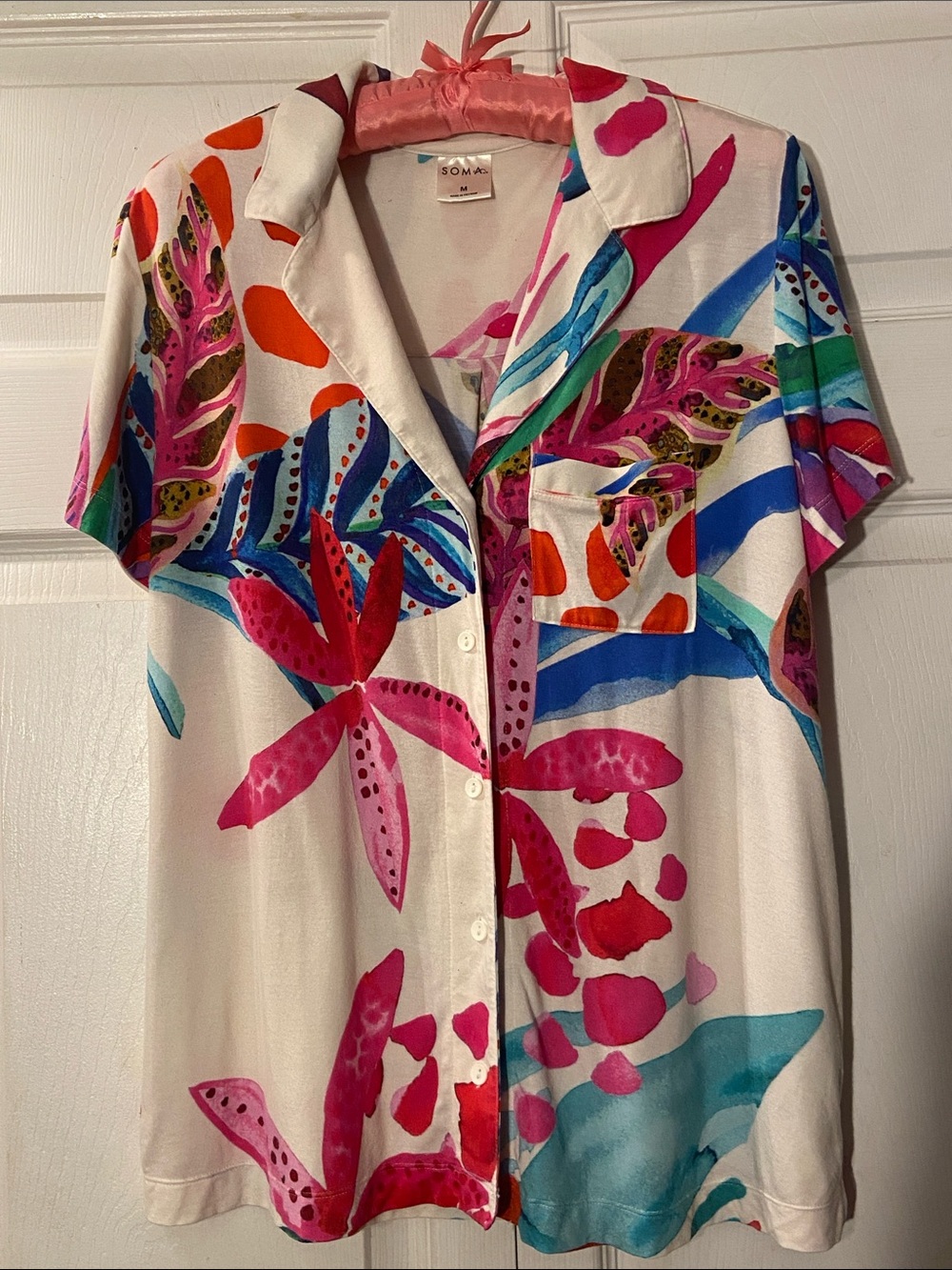 Soma Cream Button-Front Floral Pajama Button Top in Pink, Blue & Orange sz М